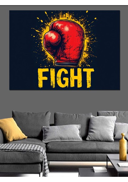 Boks Eldiveni ve Fight Yazısı Dekoratif Kanvas - Mdf Ahşap Tablo
