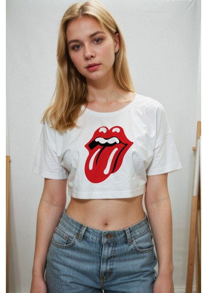 The Rolling Stones Crop Tişört - Beyaz