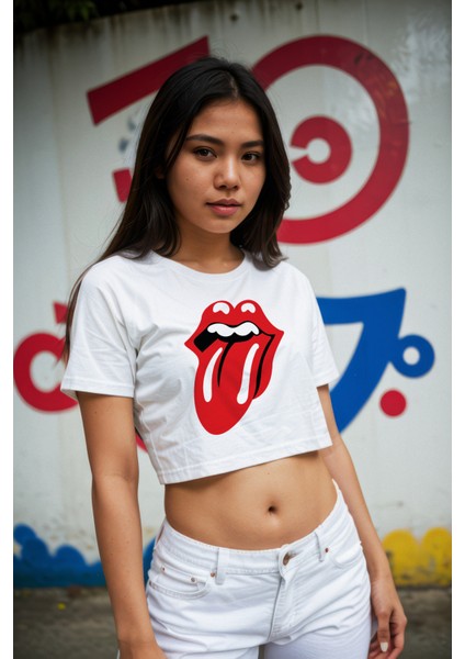 The Rolling Stones Crop Tişört - Beyaz