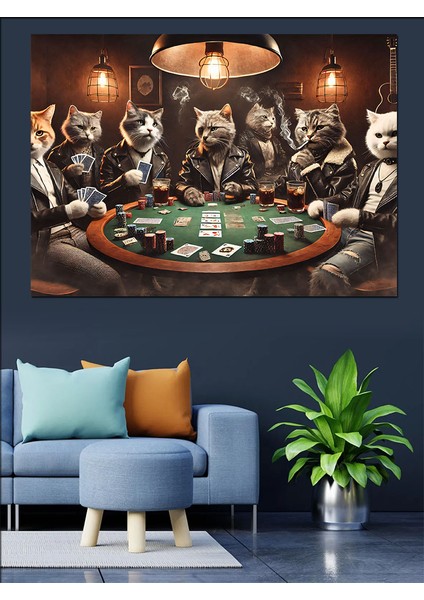 Poker Masasında Oynayan Kediler Dekoratif Kanvas - Mdf Ahşap Tablo