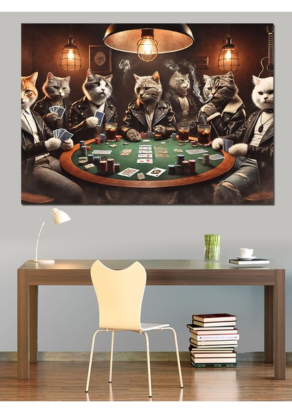 Poker Masasında Oynayan Kediler Dekoratif Kanvas - Mdf Ahşap Tablo