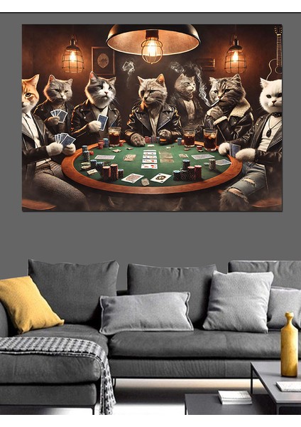 Poker Masasında Oynayan Kediler Dekoratif Kanvas - Mdf Ahşap Tablo