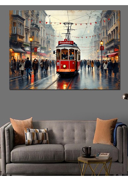 Kırmızı Tramvay Yağmurlu Sokak Dekoratif Kanvas - Mdf Ahşap Tablo