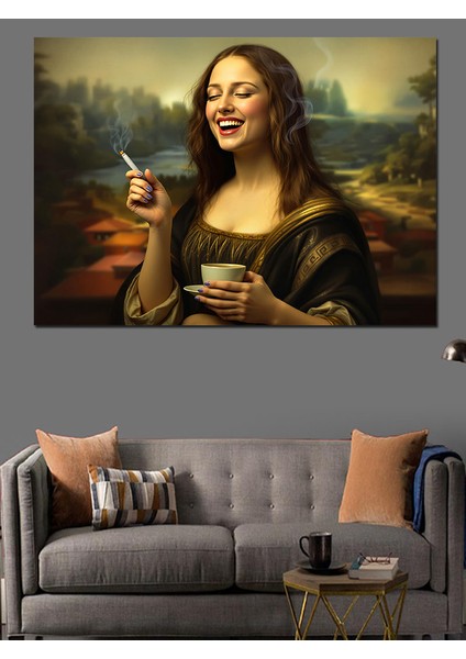 Kahve Içen Mona Lisa Dekoratif Kanvas - Mdf Ahşap Tablo