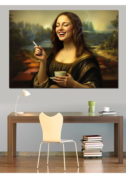 Kahve Içen Mona Lisa Dekoratif Kanvas - Mdf Ahşap Tablo fiyatları