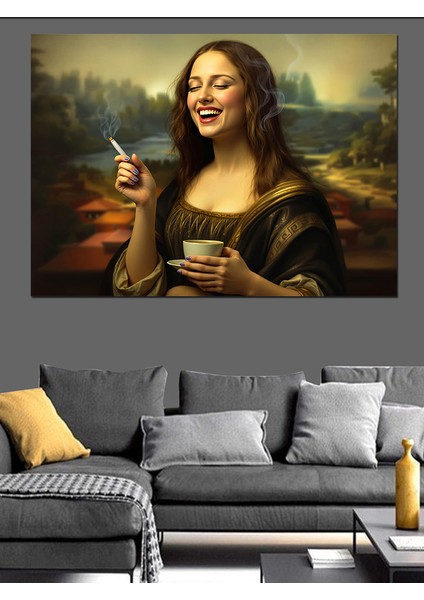 Kahve Içen Mona Lisa Dekoratif Kanvas - Mdf Ahşap Tablo modelleri