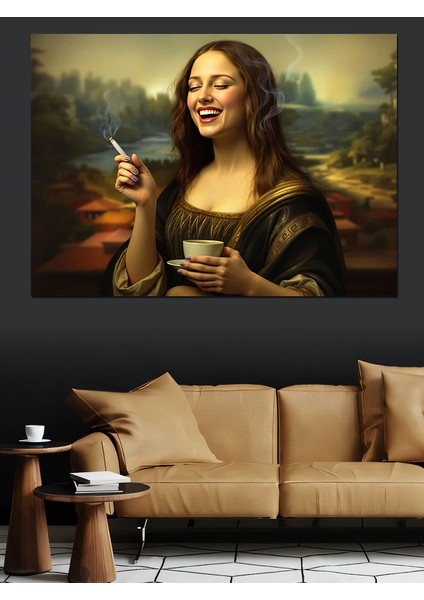 Kahve Içen Mona Lisa Dekoratif Kanvas - Mdf Ahşap Tablo fırsatları