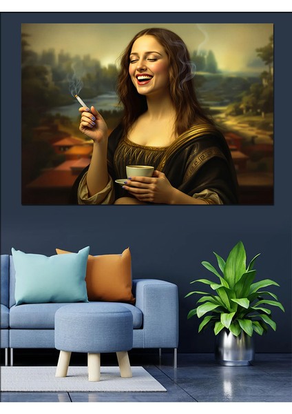 Kahve Içen Mona Lisa Dekoratif Kanvas - Mdf Ahşap Tablo indirimleri