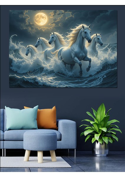 Ay Işığında Koşan Atlar Dekoratif Kanvas - Mdf Ahşap Tablo