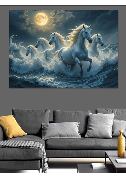 Ay Işığında Koşan Atlar Dekoratif Kanvas - Mdf Ahşap Tablo fırsatları