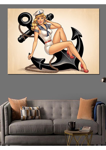 Pin-Up Kız Çapa Illüstrasyon Dekoratif Kanvas - Mdf Ahşap Tablo