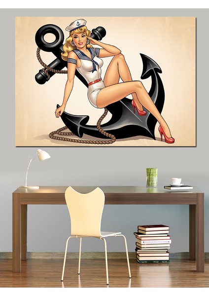Pin-Up Kız Çapa Illüstrasyon Dekoratif Kanvas - Mdf Ahşap Tablo