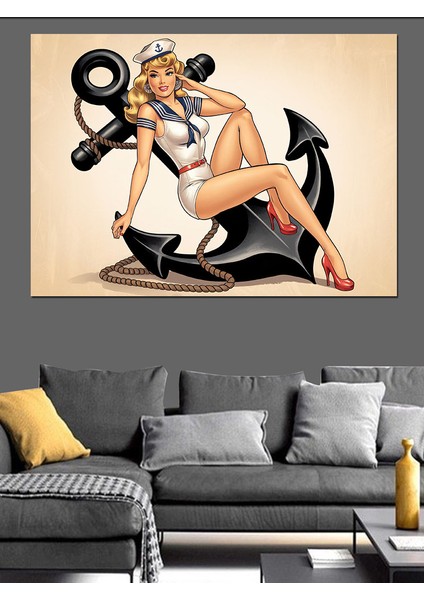 Pin-Up Kız Çapa Illüstrasyon Dekoratif Kanvas - Mdf Ahşap Tablo