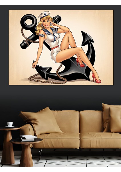 Pin-Up Kız Çapa Illüstrasyon Dekoratif Kanvas - Mdf Ahşap Tablo