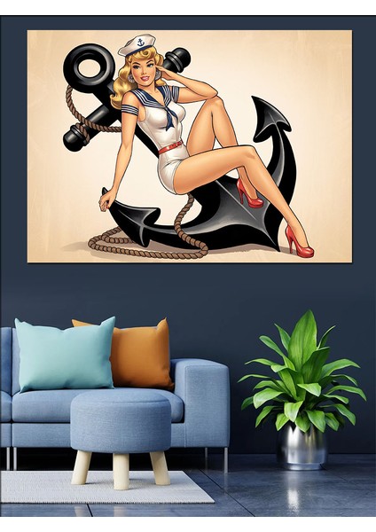 Pin-Up Kız Çapa Illüstrasyon Dekoratif Kanvas - Mdf Ahşap Tablo