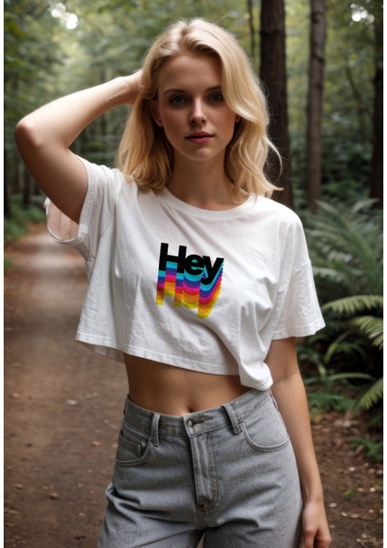 Hey Crop Tişört - Beyaz