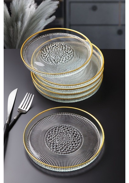 Cam Kek Pasta Servis Sunum Tabağı Seti - 6'lı Kek Pasta Takımı -16 cm