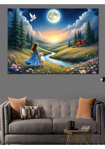 Doğada Ay Manzaralı Çocuk Dekoratif Kanvas - Mdf Ahşap Tablo