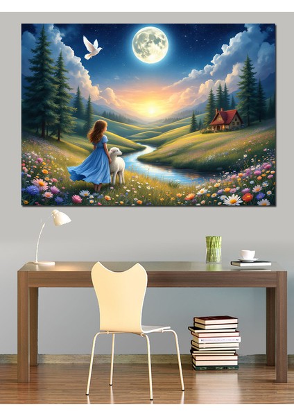 Doğada Ay Manzaralı Çocuk Dekoratif Kanvas - Mdf Ahşap Tablo fiyatları