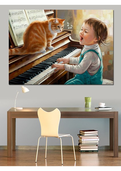 Kediyle Piyano Çalan Çocuk Dekoratif Kanvas - Mdf Ahşap Tablo modelleri