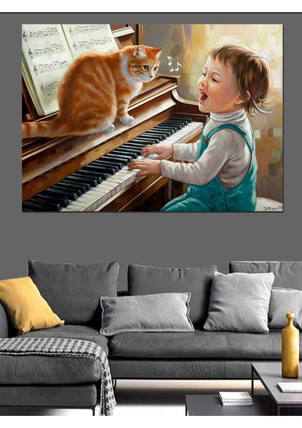 Kediyle Piyano Çalan Çocuk Dekoratif Kanvas - Mdf Ahşap Tablo fırsatları