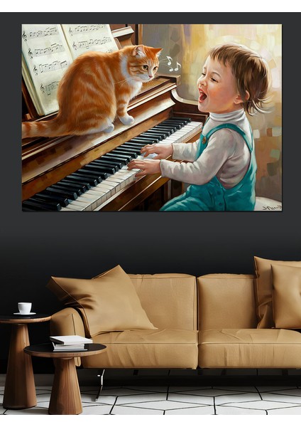 Kediyle Piyano Çalan Çocuk Dekoratif Kanvas - Mdf Ahşap Tablo indirimleri