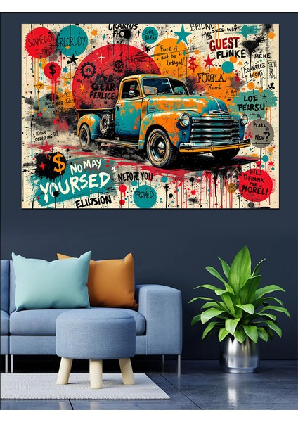 Retro Kamyonla Sokak Grafiti Dekoratif Kanvas - Mdf Ahşap Tablo
