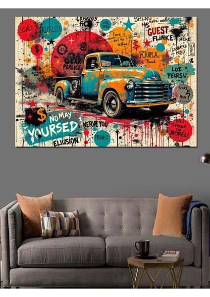 Retro Kamyonla Sokak Grafiti Dekoratif Kanvas - Mdf Ahşap Tablo fiyatları