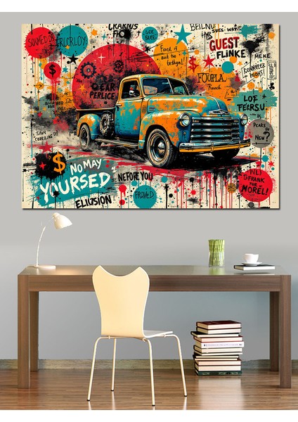 Retro Kamyonla Sokak Grafiti Dekoratif Kanvas - Mdf Ahşap Tablo modelleri