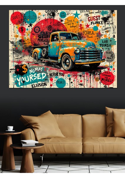 Retro Kamyonla Sokak Grafiti Dekoratif Kanvas - Mdf Ahşap Tablo indirimleri