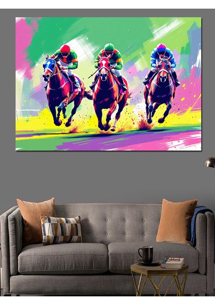Renkli Yarışan Atlı Siluetler Dekoratif Kanvas - Mdf Ahşap Tablo