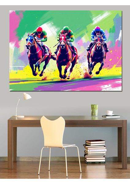 Renkli Yarışan Atlı Siluetler Dekoratif Kanvas - Mdf Ahşap Tablo fiyatları