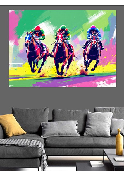 Renkli Yarışan Atlı Siluetler Dekoratif Kanvas - Mdf Ahşap Tablo modelleri