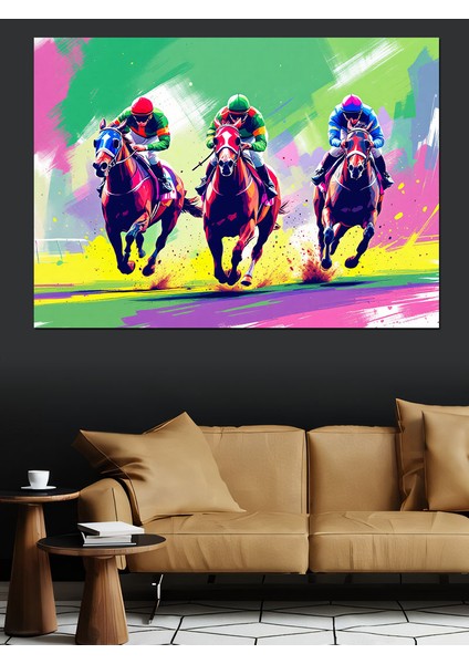 Renkli Yarışan Atlı Siluetler Dekoratif Kanvas - Mdf Ahşap Tablo fırsatları