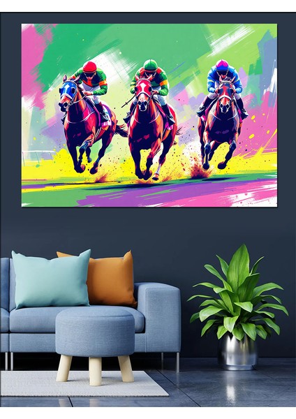 Renkli Yarışan Atlı Siluetler Dekoratif Kanvas - Mdf Ahşap Tablo indirimleri