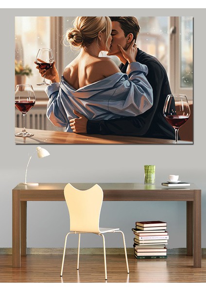 Çift Şarapla Romantik Akşam Dekoratif Kanvas - Mdf Ahşap Tablo modelleri