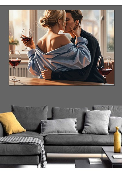 Çift Şarapla Romantik Akşam Dekoratif Kanvas - Mdf Ahşap Tablo fırsatları
