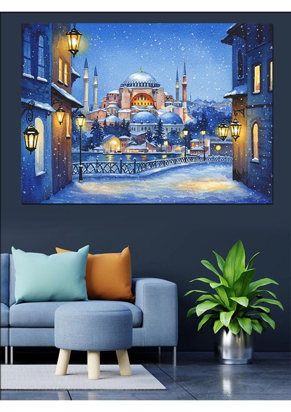 Kış Gecesi Cami Manzarası Dekoratif Kanvas - Mdf Ahşap Tablo fiyatları