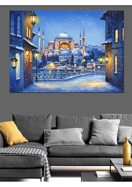 Kış Gecesi Cami Manzarası Dekoratif Kanvas - Mdf Ahşap Tablo indirimleri