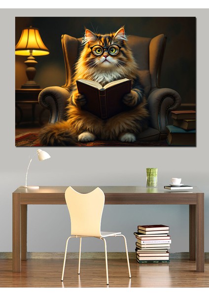 Koltukta Kitap Okuyan Kedi Dekoratif Kanvas - Mdf Ahşap Tablo