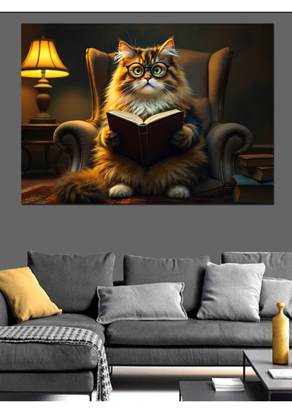 Koltukta Kitap Okuyan Kedi Dekoratif Kanvas - Mdf Ahşap Tablo fiyatları