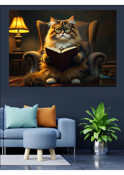 Koltukta Kitap Okuyan Kedi Dekoratif Kanvas - Mdf Ahşap Tablo fırsatları