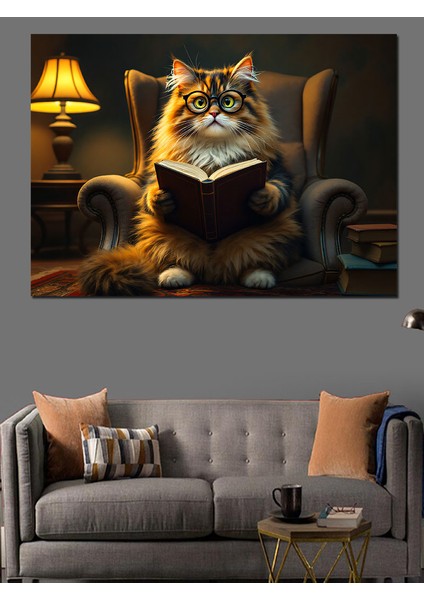 Koltukta Kitap Okuyan Kedi Dekoratif Kanvas - Mdf Ahşap Tablo indirimleri