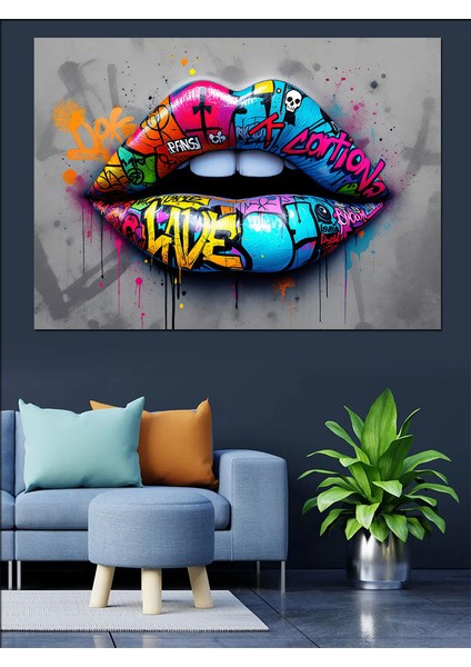 Grafiti Renkli Dudak Tasarımı Dekoratif Kanvas - Mdf Ahşap Tablo