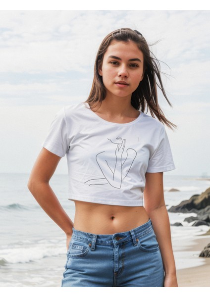 Women / Kadın Silüeti Crop Tişört - Beyaz modelleri