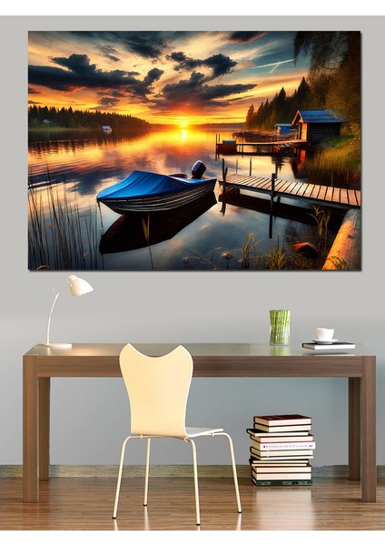 Gölde Gün Batımı ve Kayık Dekoratif Kanvas - Mdf Ahşap Tablo fiyatları