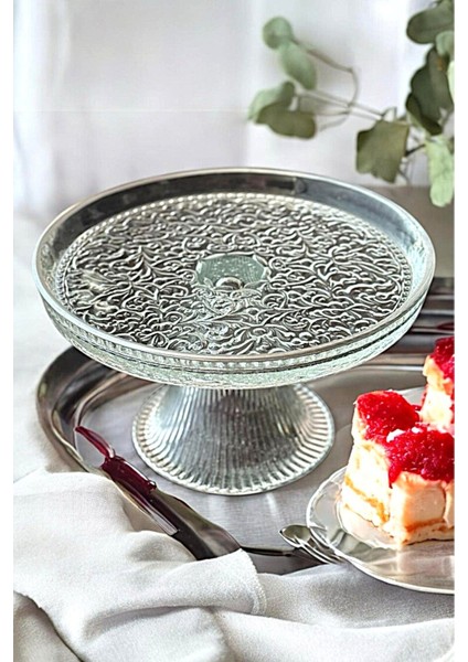 Platin Cam Ayaklı Pasta Kek Kahve Yanı Sunum Stand Tabağı - 16 cm