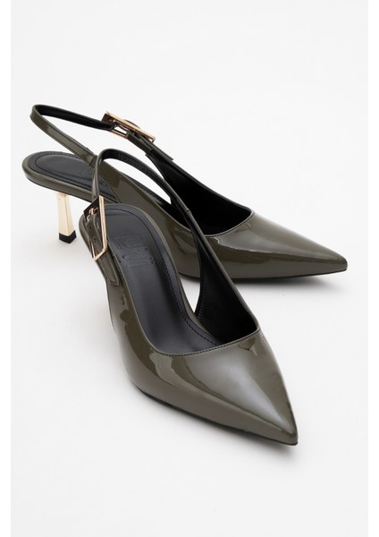 Arty Haki Rugan Sivri Burun Arkası Açık Kadın Ince Topuklu Ayakkabı