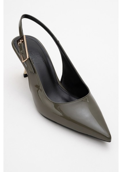 Arty Haki Rugan Sivri Burun Arkası Açık Kadın Ince Topuklu Ayakkabı modelleri