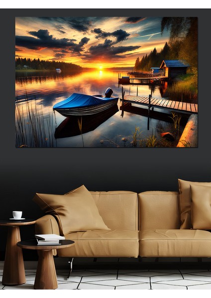 Gölde Gün Batımı ve Kayık Dekoratif Kanvas - Mdf Ahşap Tablo fırsatları